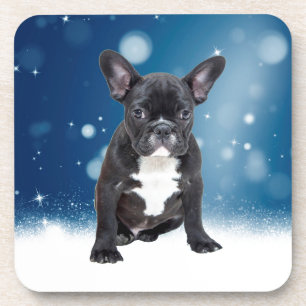 Schattigee Franse Bulldog Snow Stars Blue Christma Onderzetter