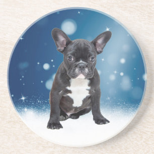 Schattigee Franse Bulldog Snow Stars Blue Christma Zandsteen Onderzetter