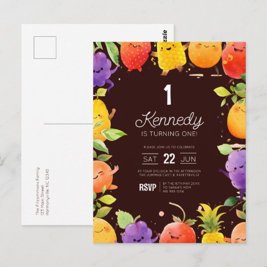 Schattigee fruitverjaardagsuitnodiging briefkaart (Voorkant / Achterkant)