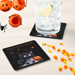 Schattigee Funny Ghost Kitten Halloween Trick or t Vierkante Kartonnen Onderzetter