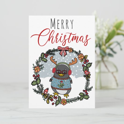Schattigee Funny Nerd Pinguïn Cartoon Vrolijk Kers Feestdagenkaart (Staand voorkant)