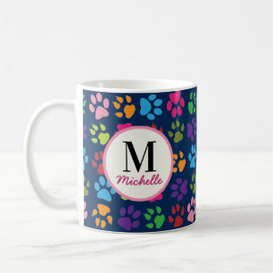 Schattigee Funny Pet Paw Print op Navy Monogrammed Koffiemok