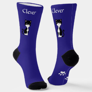 Schattigee Funny Tuxedo Cat & Paws op Blauw Sokken