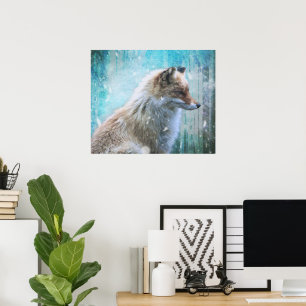 Schattigee Furry Fox op Blue Grunge Achtergrond Poster