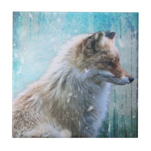 Schattigee Furry Fox op Blue Grunge Achtergrond Tegeltje (Voorkant)