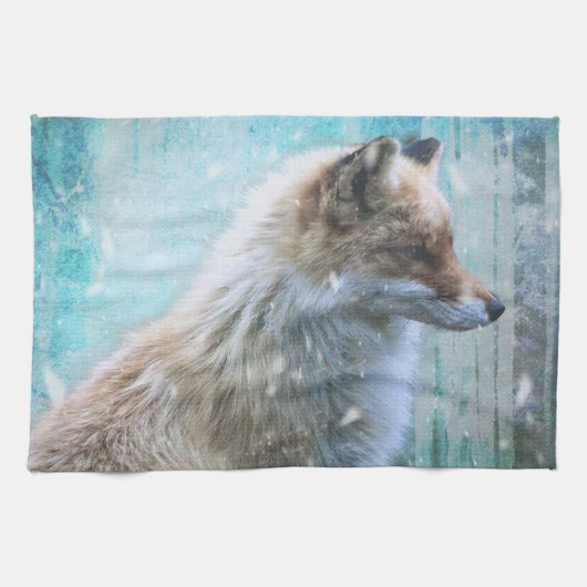 Schattigee Furry Fox op Blue Grunge Achtergrond Theedoek (Horizontaal)