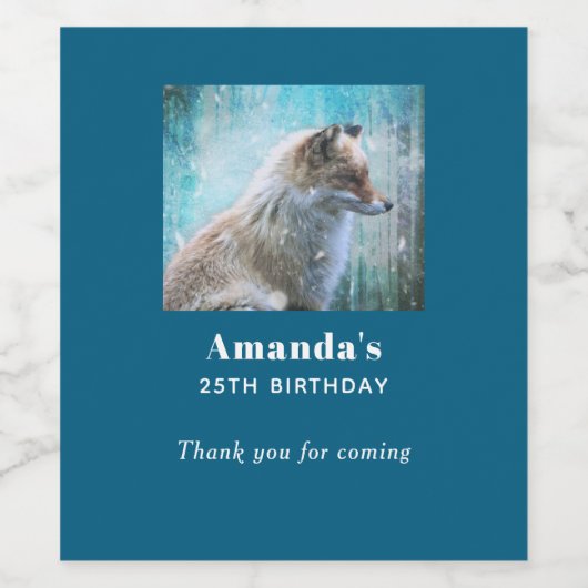 Schattigee Furry Fox op Blue Grunge Achtergrond Ve Wijn Etiket (Enkel label)