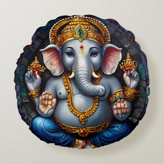 Schattigee Ganesh Blue Elephant God Rond Kussen (Voorkant)