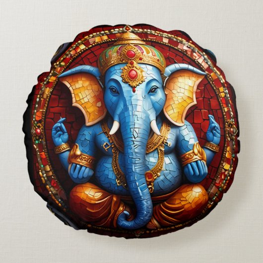 Schattigee Ganesh Blue Elephant God Rond Kussen (Voorkant)