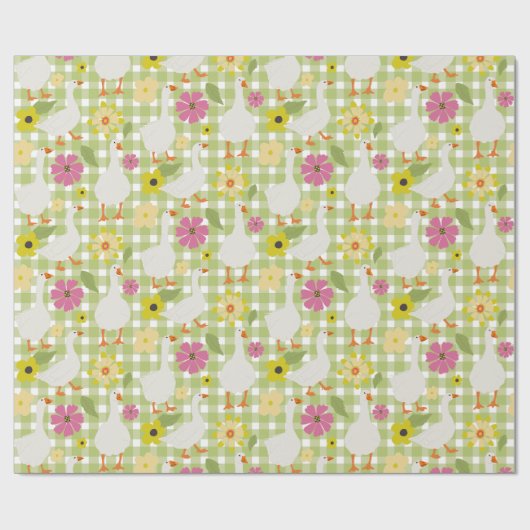 Schattigee ganzen met handgetekende bloemen - Gree Cadeaupapier (Vlak)