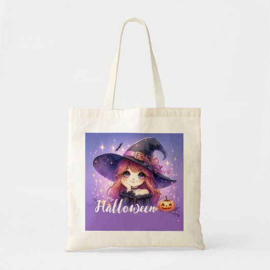 Schattigee geanimeerde halloween heks tote bag (Voorkant)