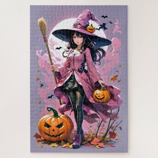 Schattigee geanimeerde Halloween Witch, Jack-O-Lan Legpuzzel (Verticaal)