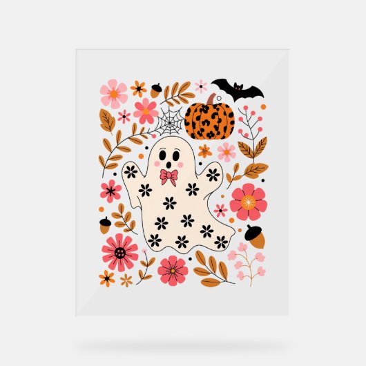 Schattigee geest en pompoen Bloemen Spooky Acryl Bord (Voorkant)