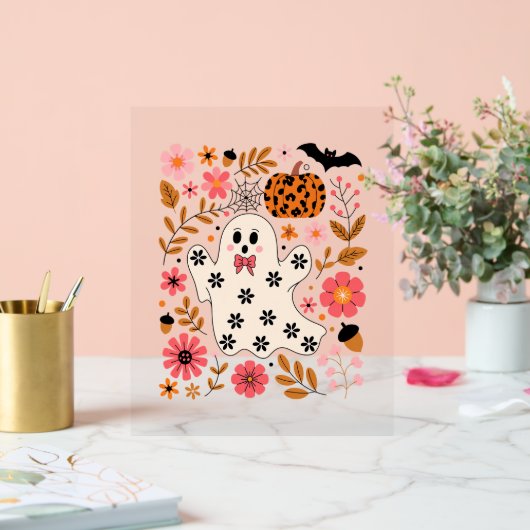 Schattigee geest en pompoen Bloemen Spooky Acryl Bord (Huwelijk)