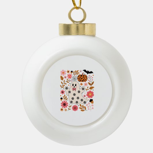 Schattigee geest en pompoen Bloemen Spooky Keramische Bal Ornament (Voorkant)