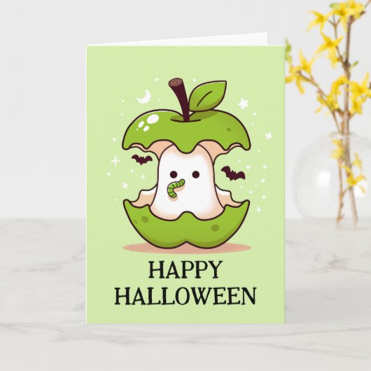Schattigee geest in groene appel met worm Hallowee Kaart (Gele Bloem)