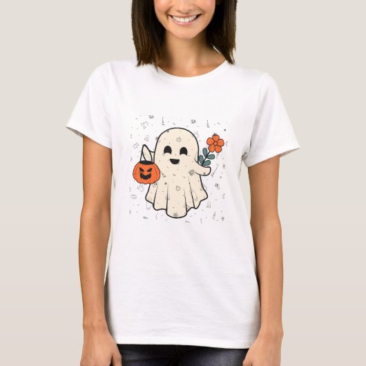 Schattigee geest met bloem en pompoen Halloween T-shirt (Voorkant)