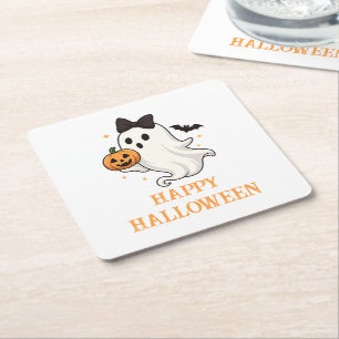 Schattigee geest met boog en pompoen Halloween Vierkante Kartonnen Onderzetter