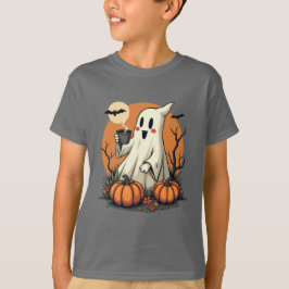 Schattigee geest met koffie en pompoenen Halloween T-shirt