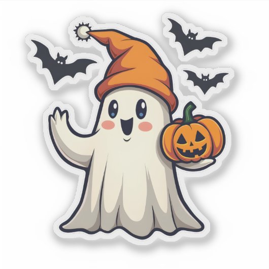 Schattigee geest met Oranje Ice Pet Halloween Deco Sticker (Voorkant)