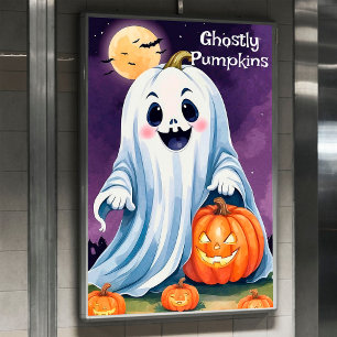 Schattigee geest met pompoenen Halloween Poster