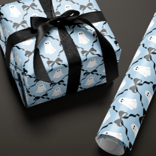 Schattigee geesten en zwarte bogen op blauwe Hallo Cadeaupapier