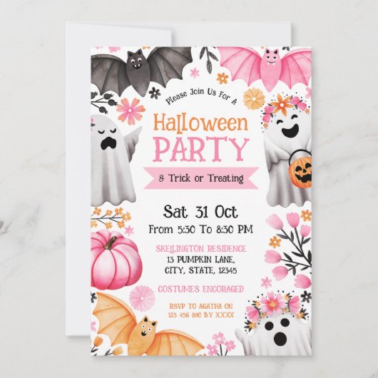 Schattigee geesten Halloween Party & Trick or Trea Kaart (Voorkant)