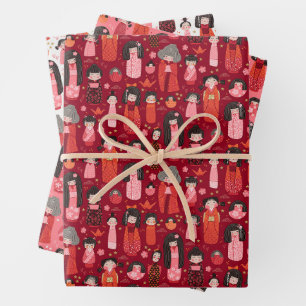 Schattigee geïllustreerde Japanse Kokeshi Set van  Inpakpapier Vel