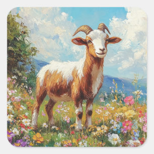 Schattigee Geit Kleurrijke Wildflower Meadow Vierkante Sticker