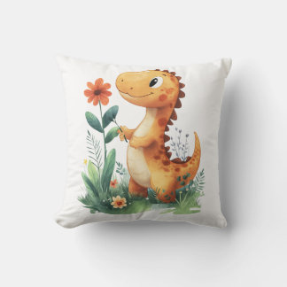 Schattigee gele dinosaurus met een bloem kussen