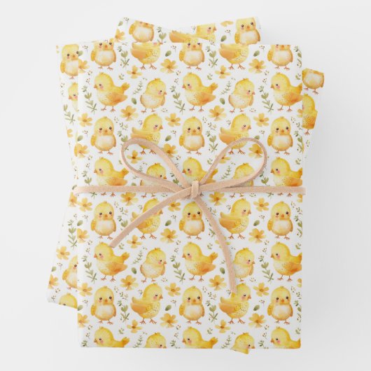 Schattigee gele kuikens en bloemen inpakpapier vel (In situ)