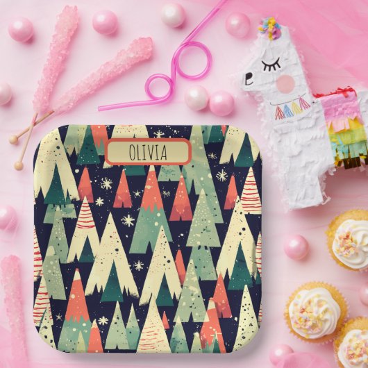 Schattigee geometrische bomen in de winter geperso papieren bordje (Feest)