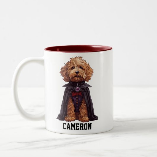 Schattigee gepersonaliseerde Dracula Goldendoodle Tweekleurige Koffiemok (Links)