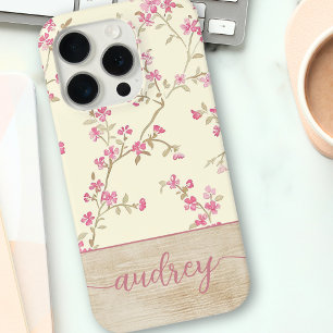 Schattigee gepersonaliseerde houten bloemenscript  iPhone 15 pro case