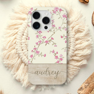 Schattigee gepersonaliseerde houten bloemenscript iPhone 15 pro case