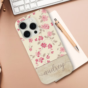 Schattigee gepersonaliseerde houten bloemenscript iPhone 15 pro case