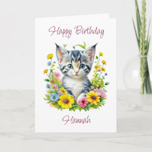 Schattigee gepersonaliseerde kitten in Flowers Bir Kaart