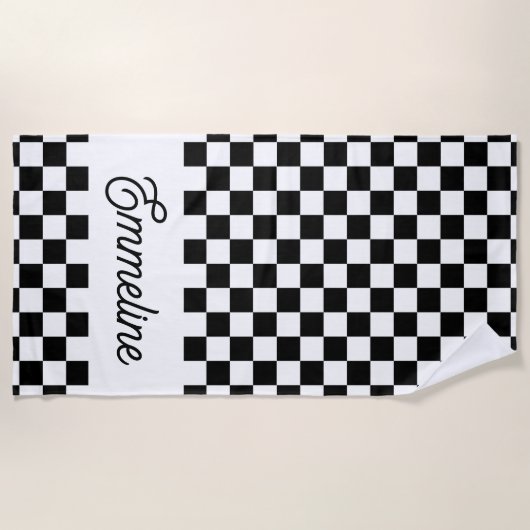 Schattigee Geruit Zwart en Wit Aangepaste Naam Strandlaken (Voorkant)