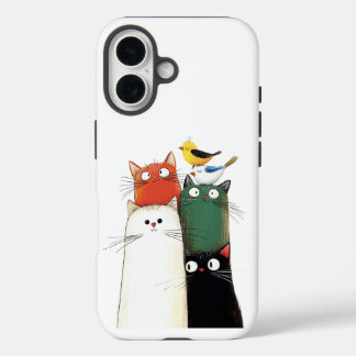 Schattigee gestapelde katten en vogels iPhone 16 hoesje