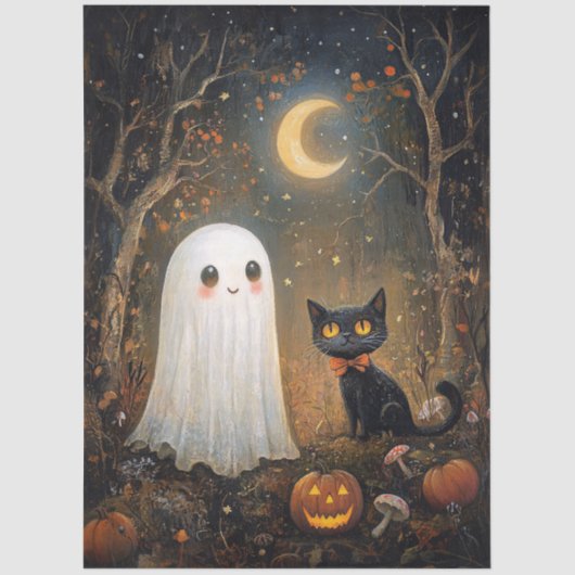 Schattigee Ghost en Zwarte Kat Halloween Decoupage Tissuepapier (Voorkant)