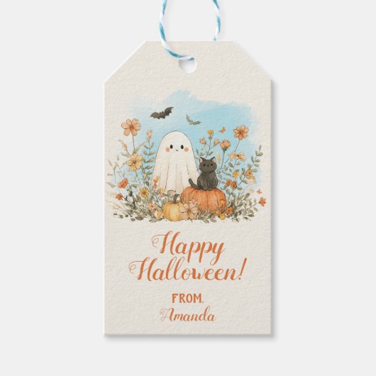 Schattigee Ghost Floral Happy Halloween Cadeaulabel (Voorkant)