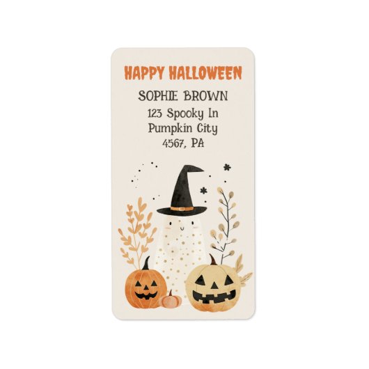 Schattigee Ghost met Jack—o-Lanterns Halloween Adr Etiket (Voorkant)