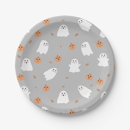 Schattigee Ghost & Pumpkin Grey Halloween Pattern Papieren Bordje (Voorkant)