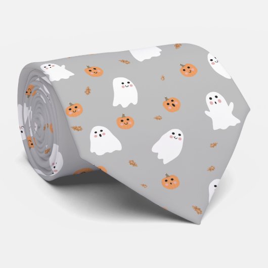 Schattigee Ghost & Pumpkin Grey Halloween Pattern Stropdas (Opgerold)