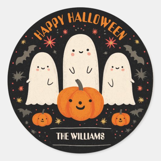 Schattigee Ghost & Pumpkin Halloween Ronde Sticker (Voorkant)