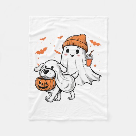 Schattigee Ghost Walking Dog Coquette Bow Hallowee Fleece Deken (Voorkant)