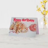 Schattigee Ginger Tabby Kat Spelen Wool Verjaardag Kaart (Gele Bloem)