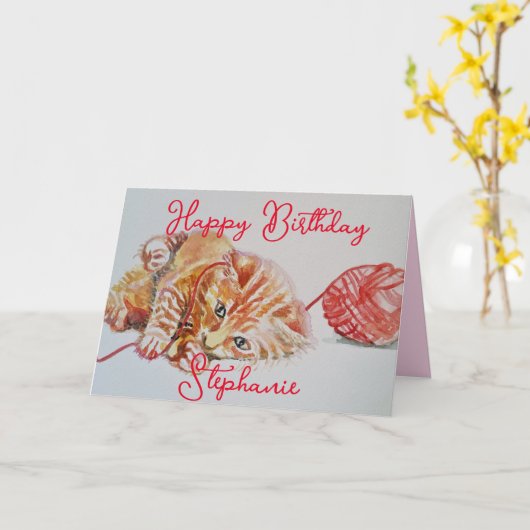 Schattigee Ginger Tabby Kat Spelen Wool Verjaardag Kaart (Gele Bloem)