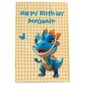 Schattigee Gingham Blue Dinosaurus Verjaardag Medium Cadeauzakje (Voorkant)