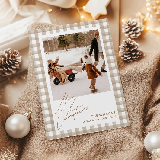 Schattigee Gingham Plaid Custom Photo Christmas Feestdagenkaart